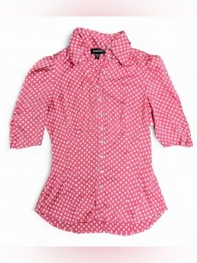 bebe Silk Pink Polka Dot Button-Up Blouse with rhinestone buttons. Size XS